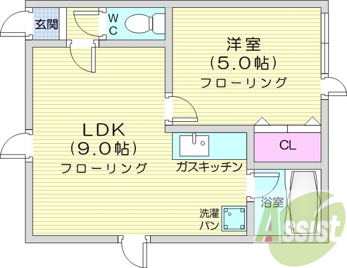 1LDK、灯油暖房、エアコン、バストイレ別