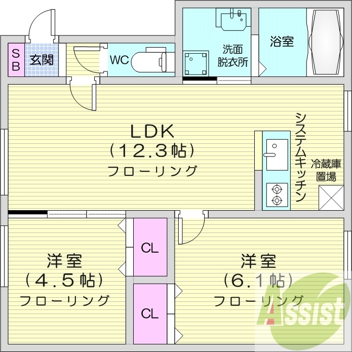 2LDK、エアコン、独立洗面台、システムキッチン