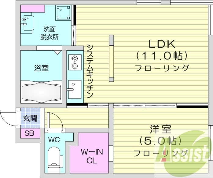 1LDK、エアコン、灯油暖房、浴室乾燥機、システムキッチン