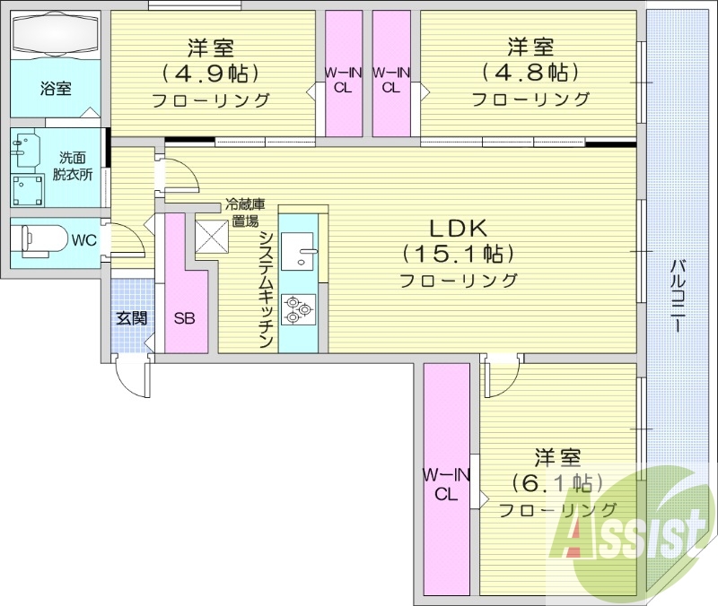 3LDK、エアコン、ネット無料、システムキッチン