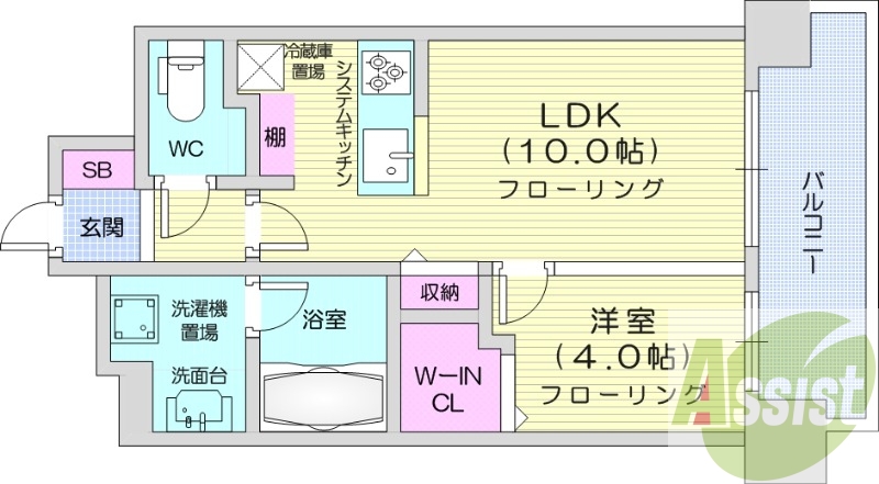 1LDK、都市ガス、分譲、床暖房、システムキッチン