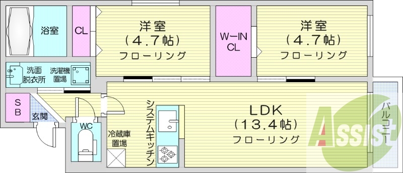 2LDK、都市ガス、エアコン、システムキッチン