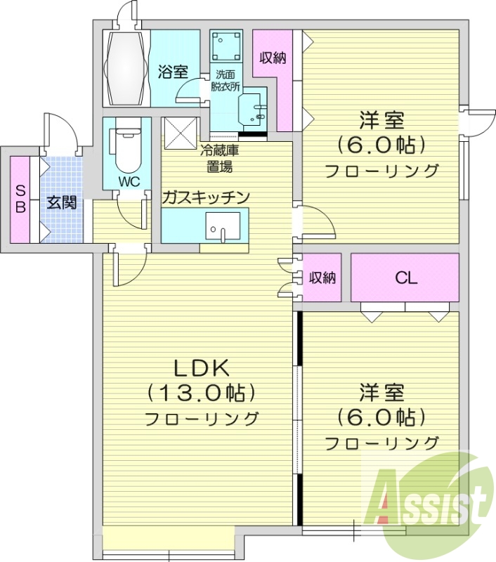 2LDK、対面キッチン、灯油暖房、角部屋