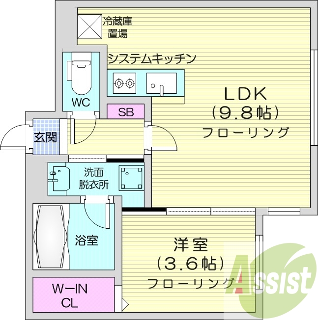 1LDK、都市ガス、エアコン、システムキッチン