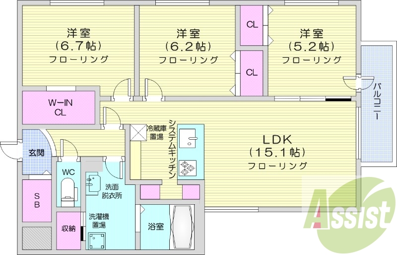 3LDK、都市ガス、エアコン、ネット無料