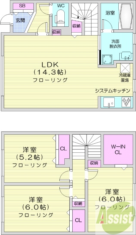 3LDK、1坪バス、灯油暖房、システムキッチン