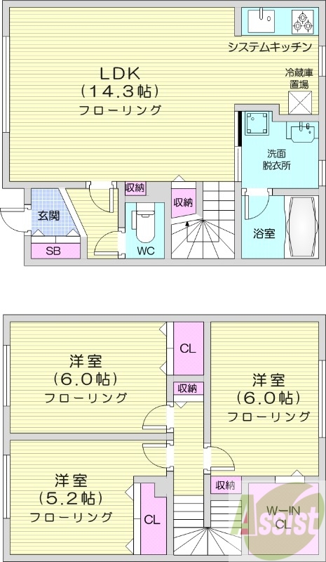 3LDK、1坪バス、灯油暖房、システムキッチン