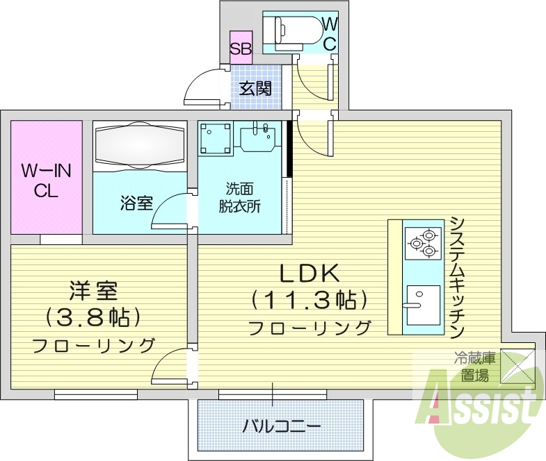 1LDK、1坪バス、システムキッチン、灯油暖房