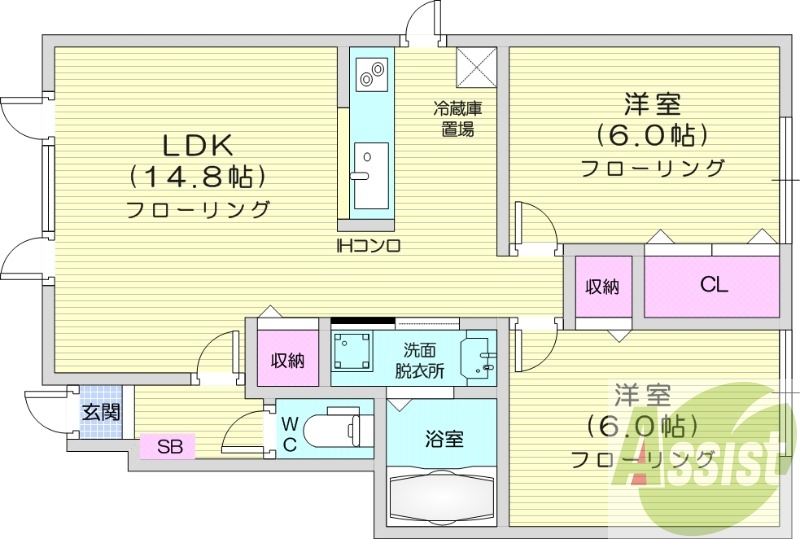 2LDK、TVインターホン、浴室乾燥機、カウンターキッチン