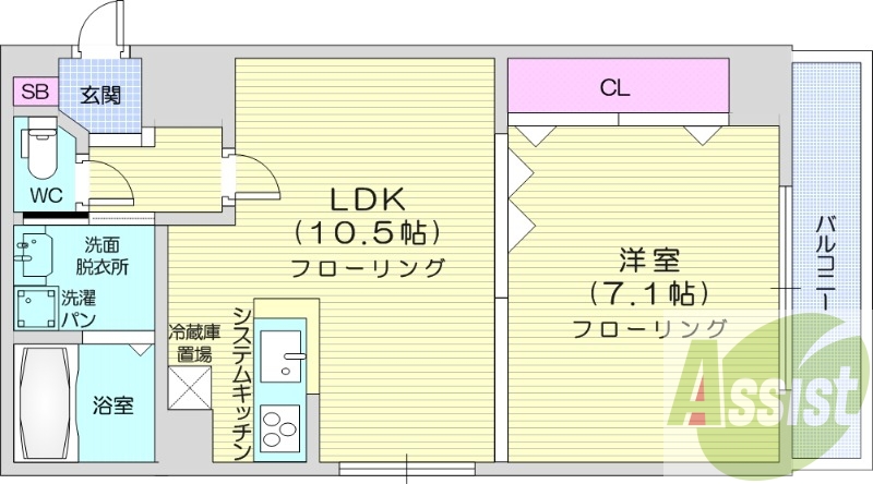 1LDK、IHシステムキッチン、シャワートイレ、独立洗面台