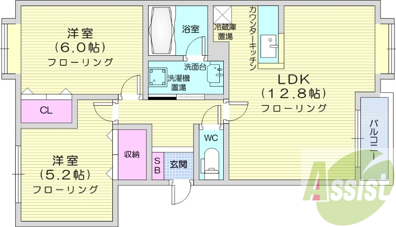 2LDK、灯油暖房、室内洗濯機置場、バストイレ別