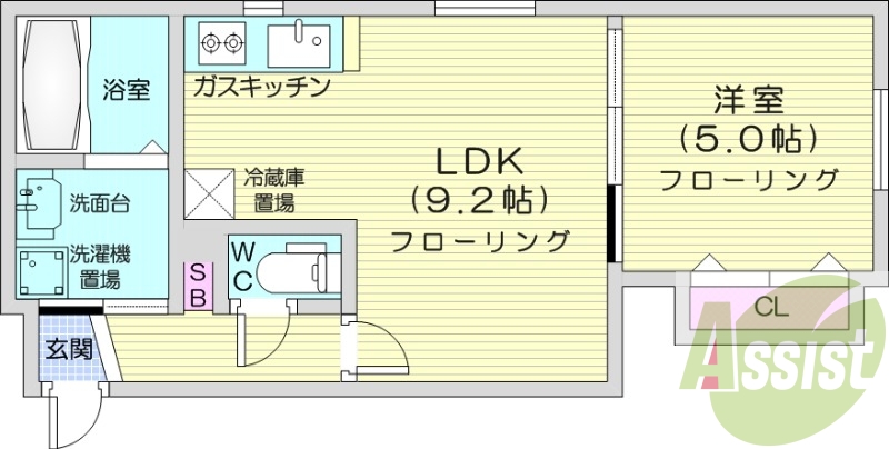 1LDK、都市ガス、角部屋、ネット無料、シャワートイレ
