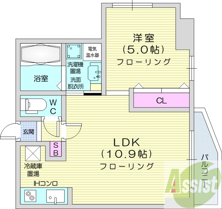 1LDK、インターネット無料、角部屋、システムキッチン