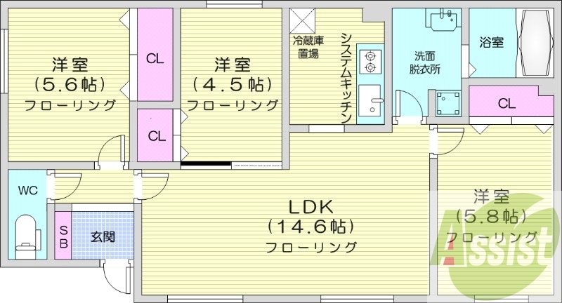 3LDK、システムキッチン、エアコン、食器洗浄乾燥機