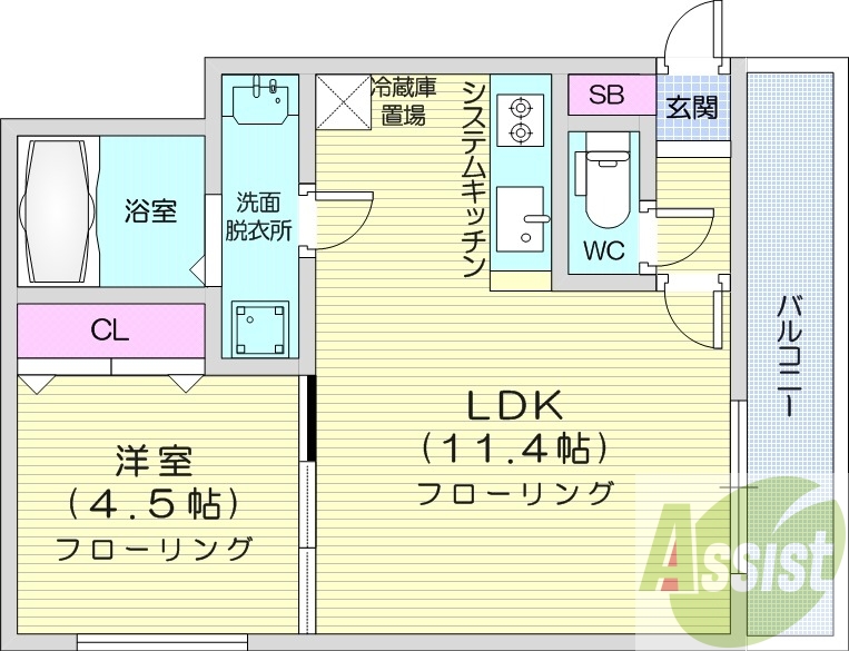 1LDK、都市ガス、エアコン、システムキッチン、