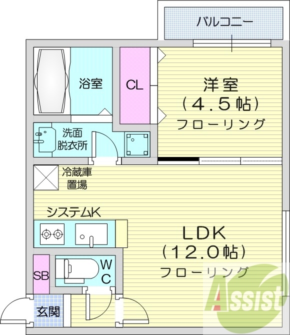 1LDK、都市ガス、エアコン、システムキッチン、