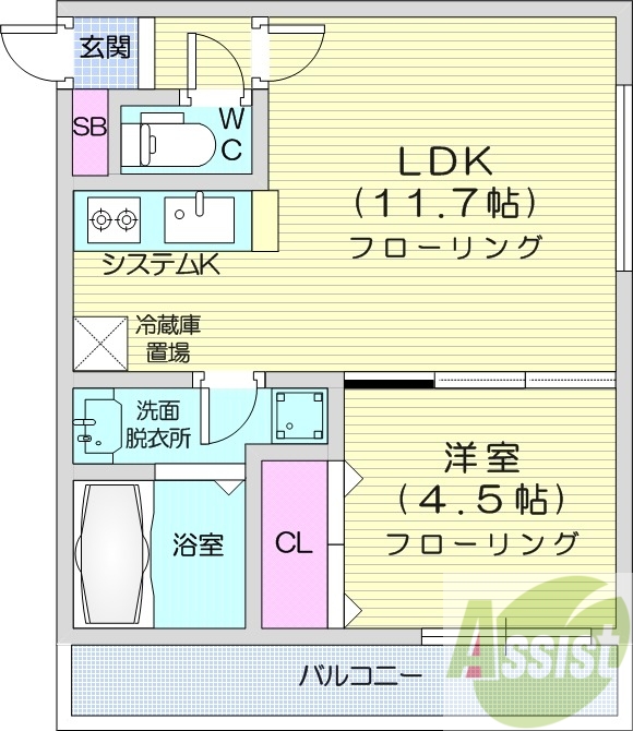 1LDK、都市ガス、エアコン、システムキッチン、