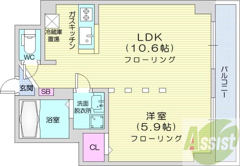 1LDK、クローゼット、対面キッチン、洗面脱衣所