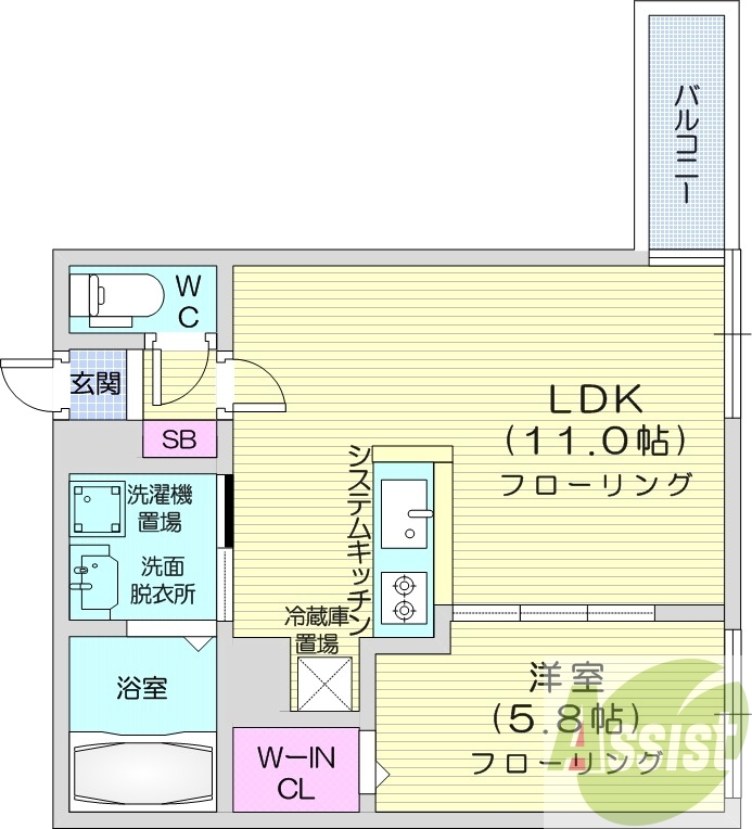 1LDK、都市ガス、シャワートイレ、システムキッチン