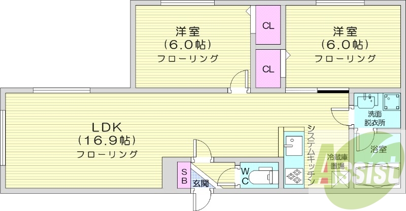 2LDK、ガスリミット、エアコン、システムキッチン