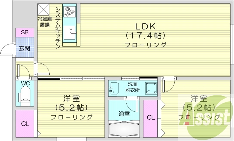 2LDK、ガスリミット、エアコン、システムキッチン
