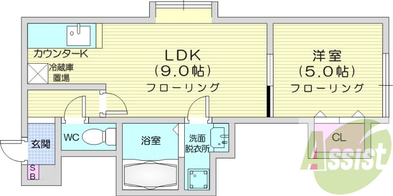 1LDK、インターネット無料、エアコン、脱衣所