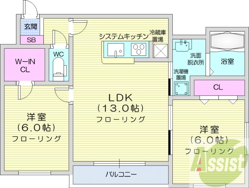2LDK、エアコン、オートロック、宅配ボックス