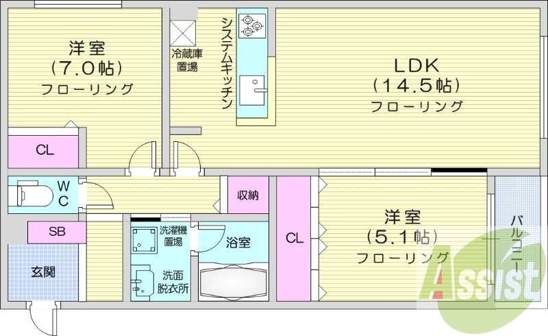 2LDK、都市ガス、エアコン、浴室乾燥機、システムキッチン