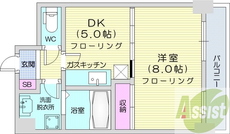 1DK、都市ガス、灯油暖房、洗髪洗面化粧台、シャワートイレ
