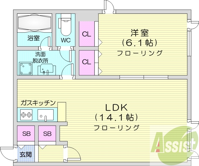 1LDK、角部屋、オートロック、灯油暖房