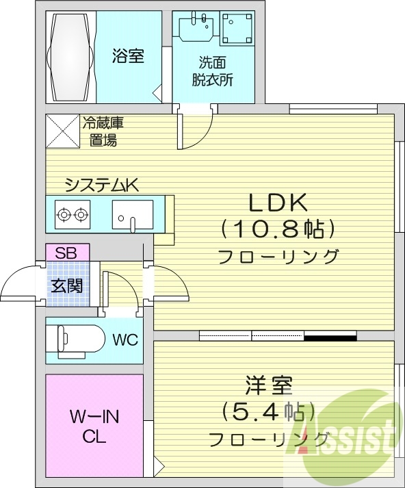 1LDK、都市ガス、エアコン、システムキッチン、独立洗面台