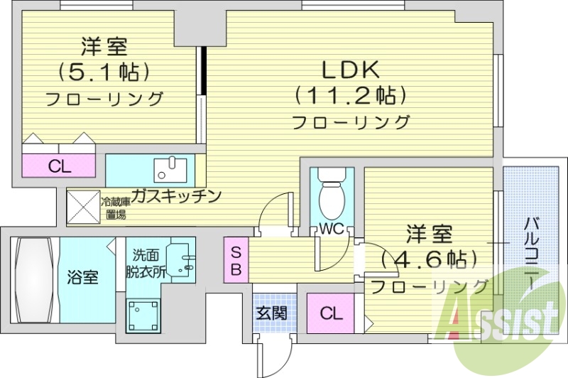 2LDK、独立洗面台、モニター付きインターホン、宅配BOX