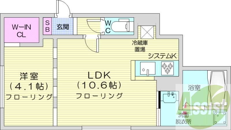 1LDK、エアコン、浴室乾燥機、システムキッチン