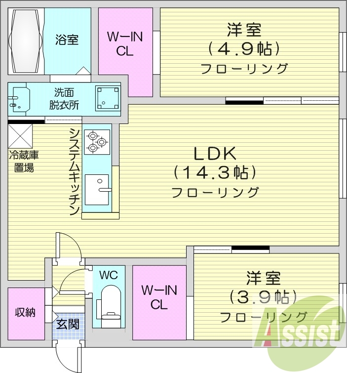 2LDK、エアコン、浴室乾燥機、システムキッチン
