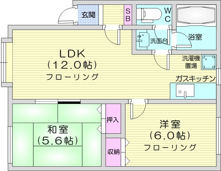 2LDK、角部屋、最上階、灯油暖房、独立洗面台