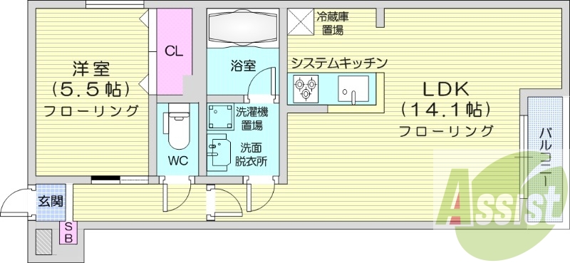 1LDK、都市ガス、エアコン、追い焚き、システムキッチン