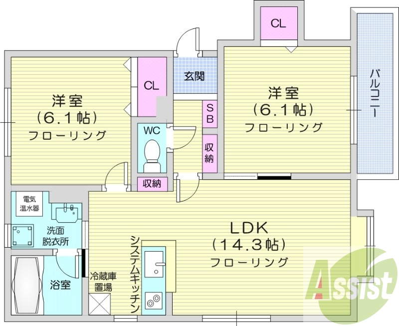 2LDK、オール電化、バルコニー、トランクルーム
