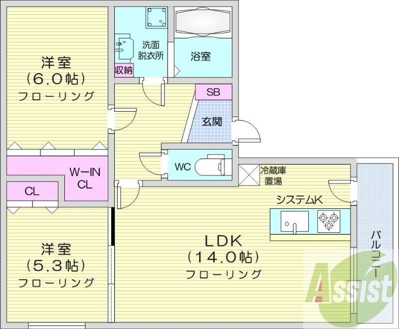 2LDK、都市ガス、システムキッチン、オートロック