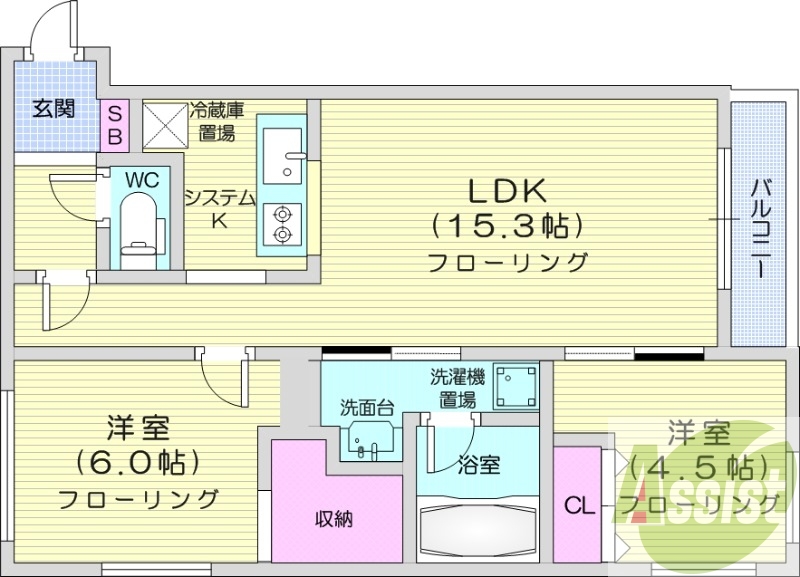 2LDK、都市ガス、エアコン、エレベーター、追い焚き