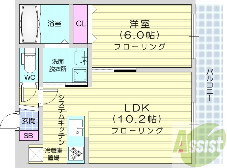 1LDK、都市ガス、エアコン、システムキッチン