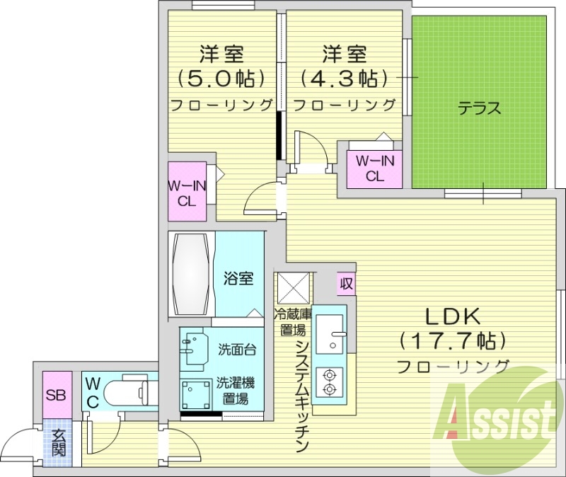 2LDK、エアコン、システムキッチン、宅配ボックス