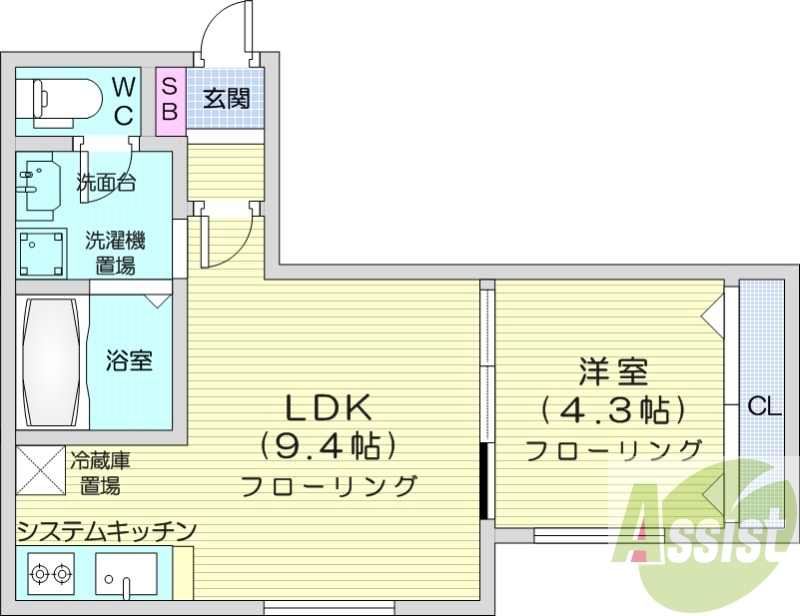 1LDK、エアコン、独立洗面台、システムキッチン