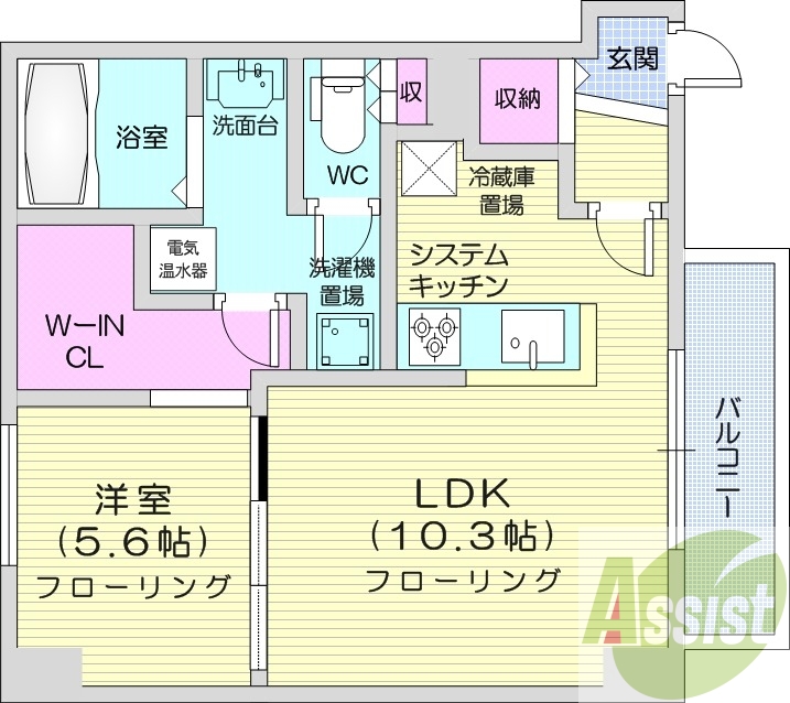 1LDK、都市ガス、エアコン、追い焚き、システムキッチン