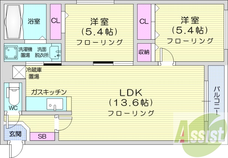 2LDK、都市ガス、ガス暖房、オートロック