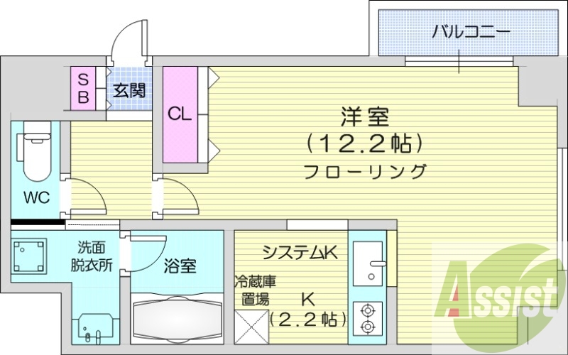 1K、都市ガス、エアコン、システムキッチン、浴室乾燥機