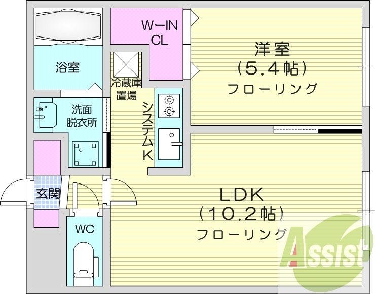 1LDK、エアコン、都市ガス、システムキッチン