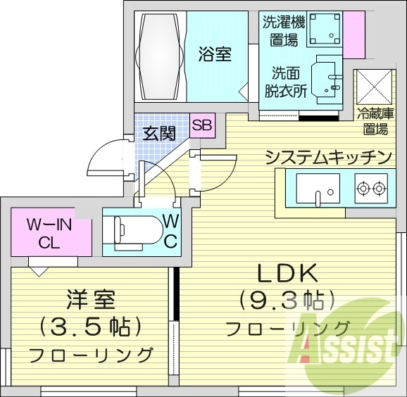 1LDK、都市ガス、エアコン、独立洗面台