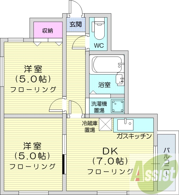2DK、灯油暖房、シャワートイレ、モニタ付インターホン
