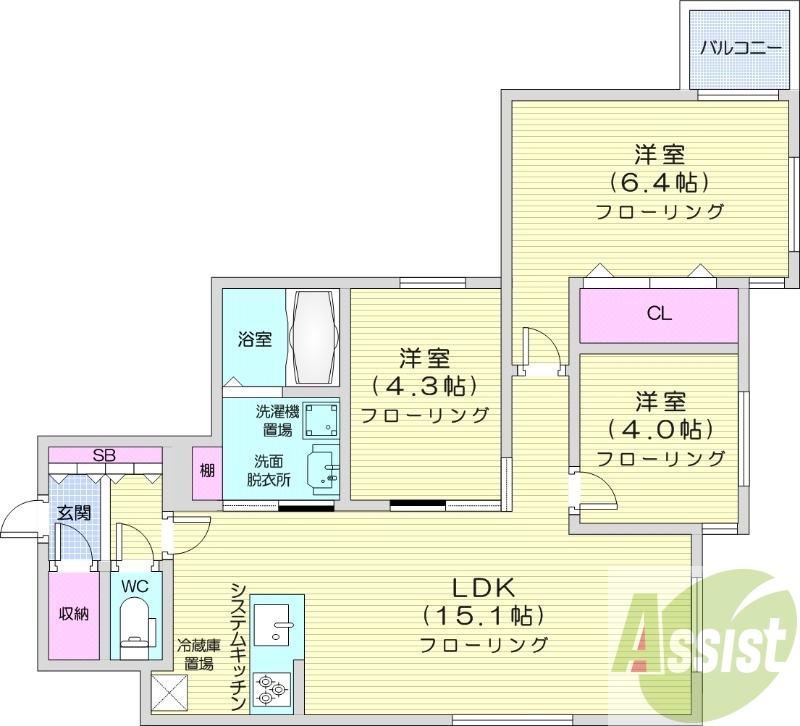 3LDK、システムキッチン、独立洗面台、浴室乾燥機