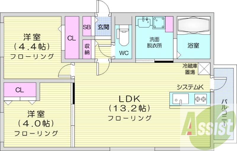 2LDK、エアコン、システムキッチン、追い焚き、浴室乾燥機